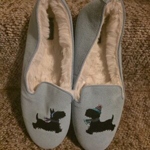 Talbots Blue Slippers with Black Dog Design